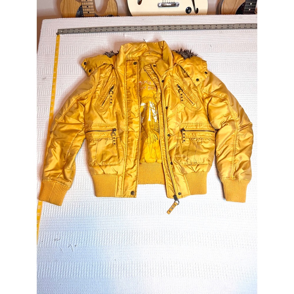 Vintage Vero Moda Yellow Puffer Bomber Jacket Faux Fur Hood Urban Cow Girl